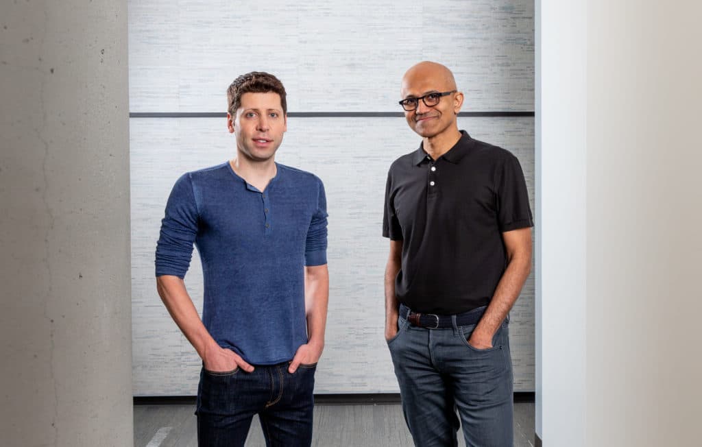 Microsoft CEO Satya Nadella and OpenAI CEO Sam Altman at the Microsoft campus in Redmond, Wash. on July 15, 2019. 